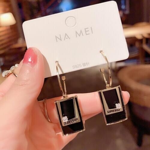 2021New Trend Korean Letters Love You Hoop Earrings Rhinestone Black Geometric Temperament Statement Earrings For Women Jewelry