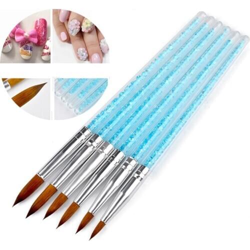 6Pcs/set Kolinsky Acrylic Brush Pen Nylon Hair Nail Brush Blue Rhinestone Handle Nail Gel Builder Carving Dotting Drawing Tools