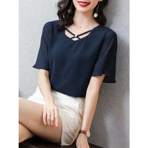 New Elegant V-Neck Chiffon Blouse Summer Shirt Sexy Hollow Out Blouses Women Short Sleeve Tops Plus Size M-6XL 7XL 8XL