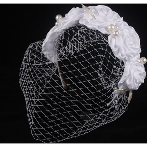 Large Flower Satin rose flower face veil hairbands women beautiful party hair wear wedding hair accessories