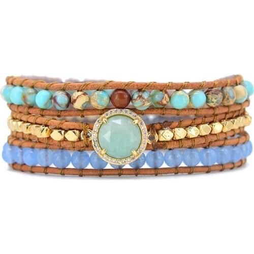 Dropshipping Wrap Bracelets Natural Stones Crystal Natural Amazonite Charm 3 Times Friendship Bracelet Boho Bracelet Homme