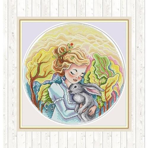 Girl and Rabbit Painting Embroidery Cross Stitch Kit DIY for Needlework 14CT Print on Canvas DMC 11CT Counted Fabric Home Decor