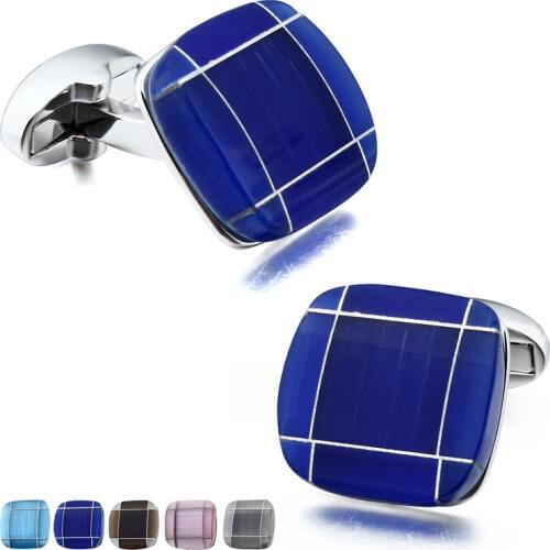 Classic Mens Square Cat Eye Cufflinks for Shirt Blue Stone Cuff Links for Wedding Business with Box