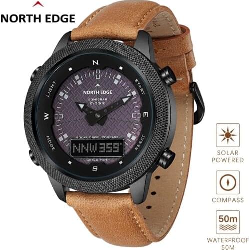 NORTH EDGE Mens Solar Power Digital Watches Compass Outdoor Sports World Time Waterproof 50m Countdown Stopwatch Smart Watch