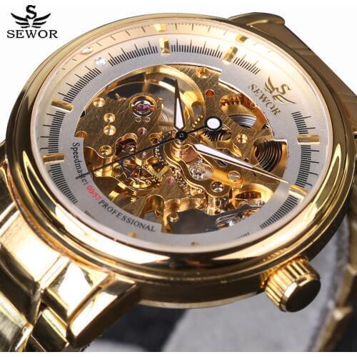SEWOR Top Brand Luxury Business Men Gold Watches Mechanical Hand Wind Skeleton Watch Full Steel Sports Casual Male Wrist Watch