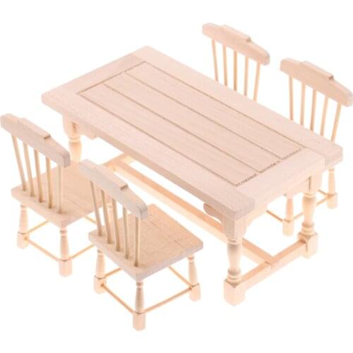 Natural Dining Table Chairs Furniture Set For 1:12th Dollhouse Accessories