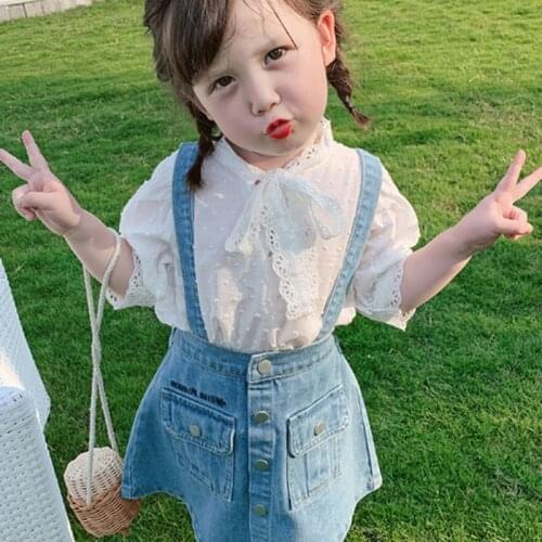 Girls Clothes Baby Girl Clothing Sets 2021 New Summer Lace Shirt+Denim Strap Skirt 2Pcs Suit for Kids Childrens Outfit