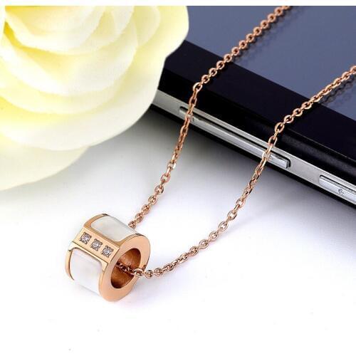 Stainless Steel Necklace Women White Shell Circle CZ Pendant Necklace For Party Jewelry Gift