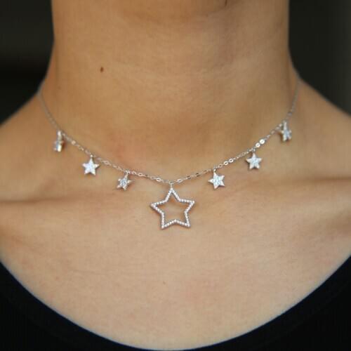 Real 925 sterling silver with cz star charm with link chain choker short necklace with rose gold color plated wedding necklace