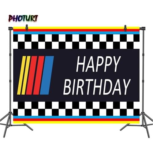 PHOTURT Racing Car Photography Backdrop Kids Birthday Party Background Black White Color Stripes Vinyl Photo Decoration Props