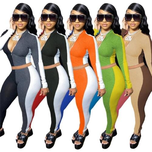 Sports Suit 2 Piece Set Women Outfit Knitted Patchwork Stretch Zip Top Bodycon Pants Jogging Matching Set Wholesale Dropshipping