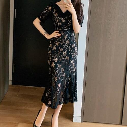 2021 Summer Korean ladies temperament lace V-Neck Slim waist Mermaid Dress Elegant Bodycon Formal OL Office Dress Vestidos