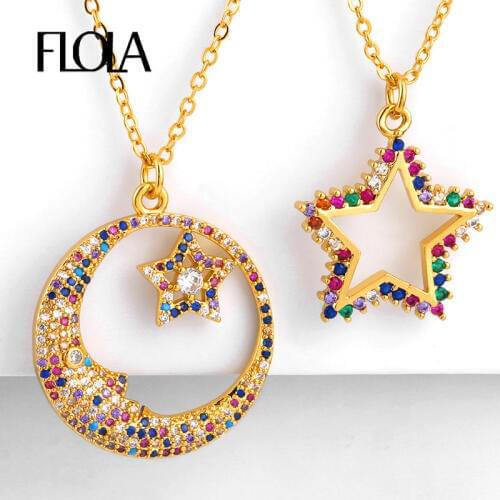 FLOLA Gold Filled Rainbow Moon Star Necklace Women Cubic Zirconia CZ Necklace Rainbow Zircon Long collares de moda nkep62