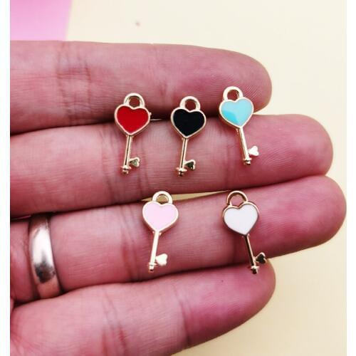 20pcs/lot Enamel Mini Heart Key Metal Charms Pendants Fit DIY Earring Bracelet Hair Dangle Jewelry Accessories 5 Colorful 7*16mm