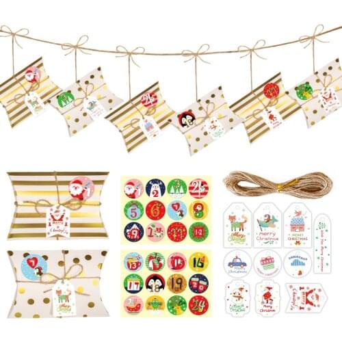 24sets Christmas Count Down Advent Calendar Gold Stamping Pillow Box Party Snack Treat Box with Tiny Gift Tags and Stickers