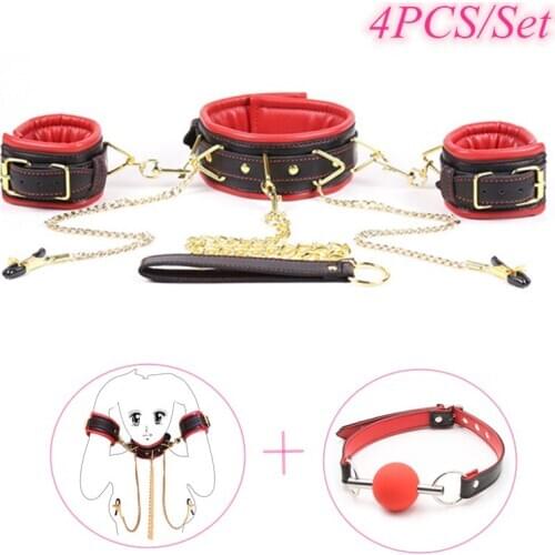 4 pcs/set Adult SM Products Sex Toys bdsm Sex Bondage Set Handcuffs Collar Mouth Gag Nipple Clamp Flirting Sex Toys for Couples