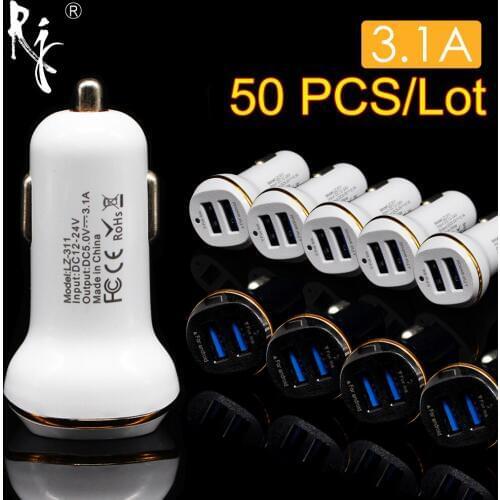 50 PCS/Lot 3.1A max(Real) Output 2 USB Car Charger Fast Charge For Iphone 6s 7 plus 5 for Samsung S6 S5 S4 mobile phones Charger