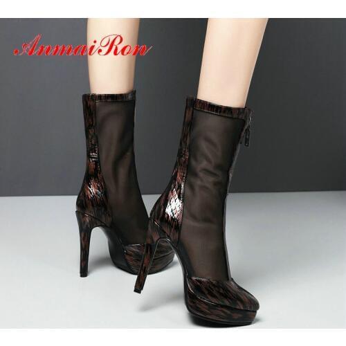 ANMAIRON 2020 Thin Heels Round To Women Boots Zip Mid-Calf Boots Basic Mesh (Air Mesh) PU Patchwork Spring/Autumn Women Shoes