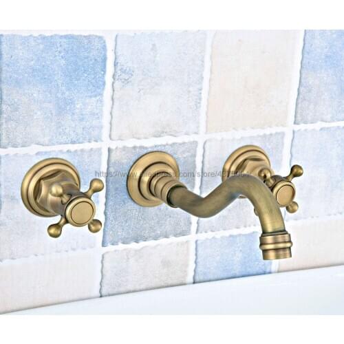 Antique Brass Bathroom Basin Sink Mix Tap Dual Handles Wall Mounted Kitchen Basin Sink Mixer Faucet Nsf527