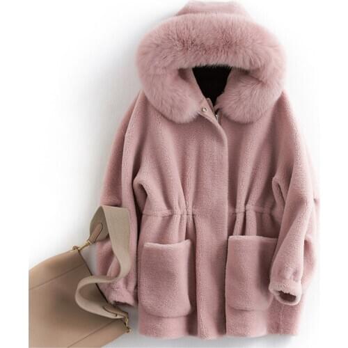 Aorice women real wool fur coat jacket with real fox fur collar hood female winter warm coats oversize jackets B181050