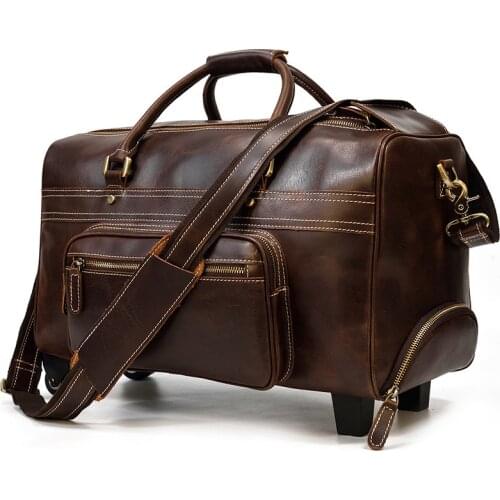 Large Genuine Leather Handbag Rolling Luggage Bag Travel Suitcase With Wheels Trolley Luggage For Men Women Carry On Travel Bags