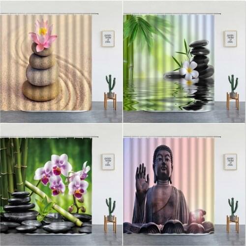 Spa Decor Shower Curtains Asian Zen Black Stone Green Bamboo Flower Scenery Bathroom Curtain Washable Bathtub Decors With Hooks