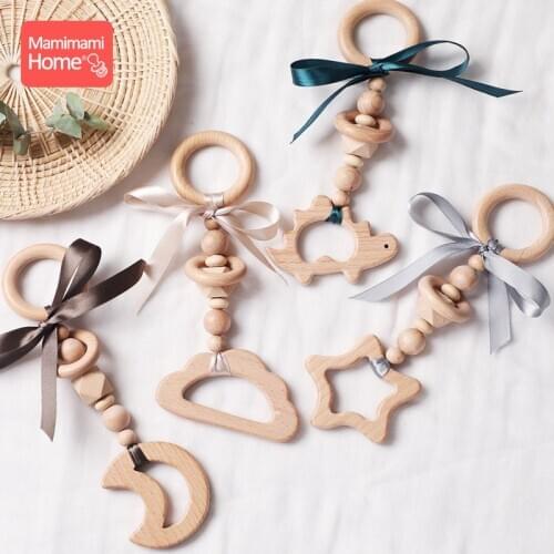 Baby Wooden Teether Chain Baby Play Gym BPA Free Wood Beads Ring Color Ribbon Pendant Newborn Gift Toys Montessori Baby Products