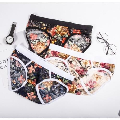 Mens Printed Lace Underwear Briefs Transparent Waistband Style Breathable Youth