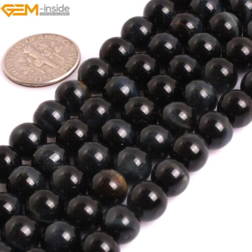 Gem-inside AAA Grade Genuine Natural Round Smooth Blue Tiger Eye Precious Stone Beads For Jewelry Making DIY
