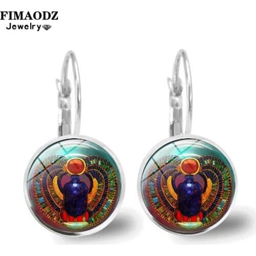 FIMAODZ Ancient Egypt Scarab Earrings Beetle Insect Glass Round Silver Bronze Earring Jewelry
