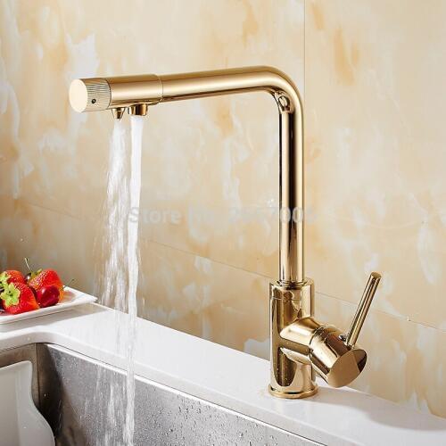 GIZERO Newly Golden Finish Drinking Water Faucet Kitchen Purifier Taps Filter Mixer Copper Brass Water Crane Dual Spouts GI559G