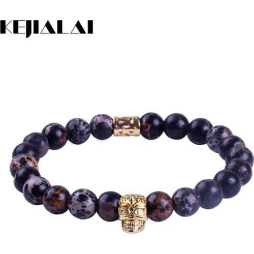 Kejialai 1pc Anil Arjandas Skull Bracelet 8mm Black Sea Sediment Stone Imperial Beads Skull Charm Bracelet Men Jewelry Gift