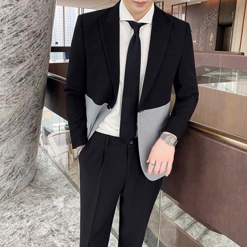 Korean Casual Suit Men Two-piece 2021 Spring Mens Splicing Contrast British Wedding Suit for Men Groom Tuxedos Costume Homme