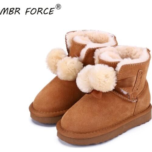 MBR FORCE genuine leather fashion girls lace-up short suede snow boots for Children fur lined winter shoes hairball flats