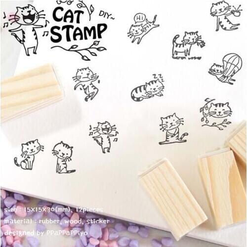 12pcs/lot Cute Cat Cartoon DIY Wooden Rubber Stamp Set Crafts Handmade Decal Scrapbooking Photo Album Decoration Stamps