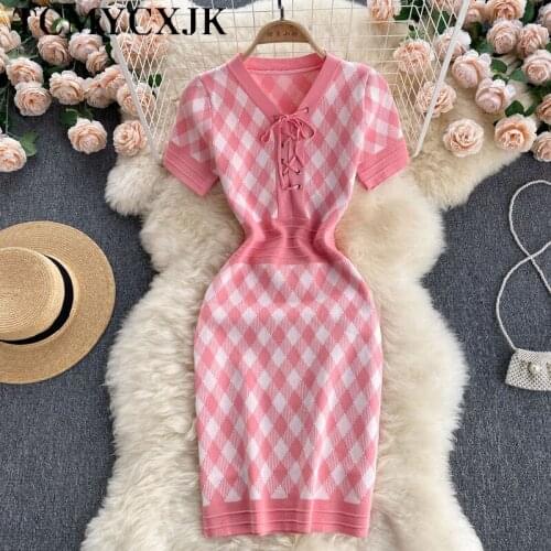 Slim Sexy V-Neck Knitted Wrap Plaid Mini Dresses For Women 2021 Elegant Short Sleeve Vintage Dress Korean Fashion Fairy Dresses