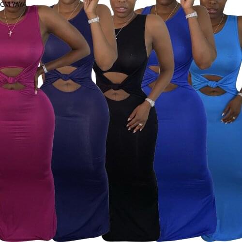 CM.YAYA solid color o-neck cut out waist women sexy sleeveless bodycon midi maxi dress party night club long dresses vestidos