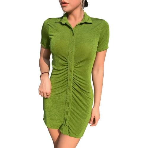Hirgin Women Summer Fashion Short Sleeve Ruched Dress Stylish Buttons Solid Color Dress for Ladies Female