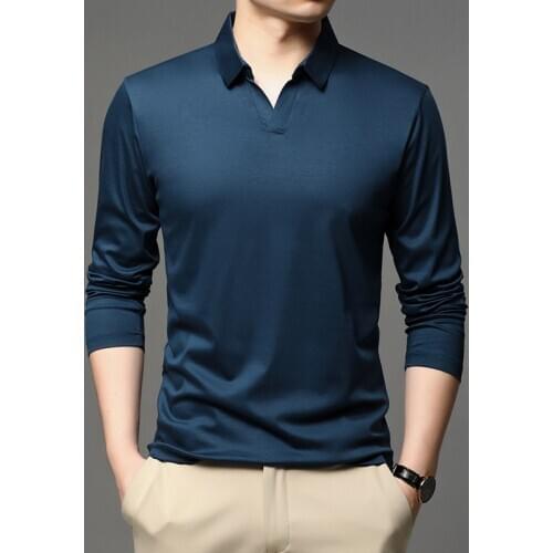 Mercerized Cotton Polo Shirt Men Long Sleeve Comfortable Brand Poloshirt Casual Wear Autumn Solid Color Polo Hombre Loose Black