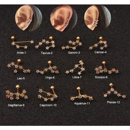 1Pc Fashion Twelve Constellations Steel Daith Earring Ear Piercing Barbell CZ Horoscope Ear Tragus Daith Piercing Jewelry 20G