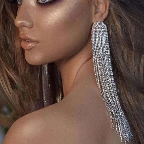 Temperament Ladies Fashion Rhinestone Long Tassel Earrings Luxury Crystal Bridal Wedding Dinner Jewelry Pendant Gift Accessories