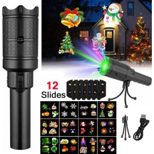LED Halloween Christmas Projection Lights Indoor Outdoor Festival Party With 12 Cards Film Pattern Flashlight USB Lamp Children