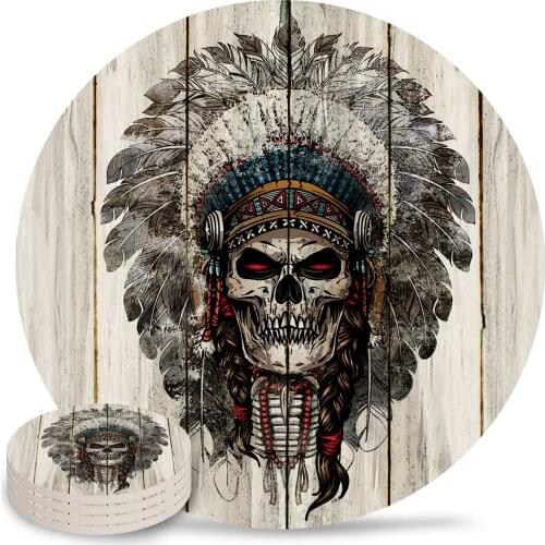 Wood Grain Chiefs Skull Coasters Coffee Table Decor Kitchen Accessories Ceramic Coaster Dinning Table Decoration Placemats