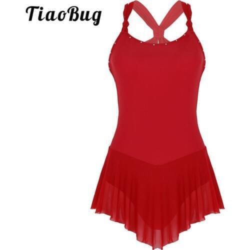 TiaoBug Adult Sleeveless Criss-cross Back Rhinestones Ballet Gymnastics Leotard Dress Women Figure Skating Costume Dance Wear