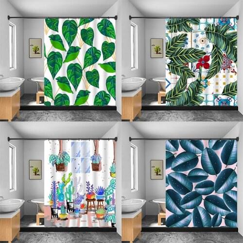 Tropical Green Plant Leaf Palm Cactus Shower Curtains Bathroom Curtain Frabic Waterproof Polyester Bathroom Curtain with Hooks