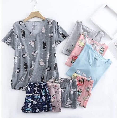 Plus Size 115KG summer shorts sleepwear women pajamas sets knit cotton cute cartoon Short sleeve loose pyjamas women sleepwear