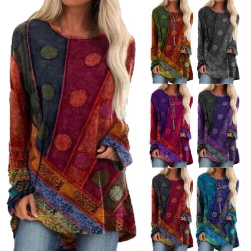 Printed T Shirts Women Long Causal T Shirt Autumn Loose Crew Neck Top Streetwear Long Sleeve Plus Size S-5XL Women Clothing