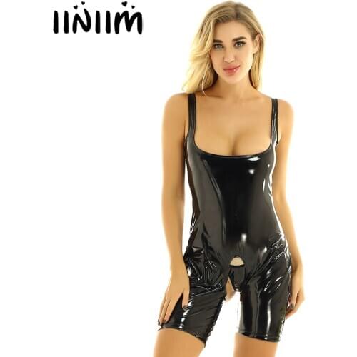 Womens Adult One-piece Exotic Bodycon Sexy Clubwear Wetlook Patent Leather Crotchless Open Butt Short Babydoll Leotard Bodysuit