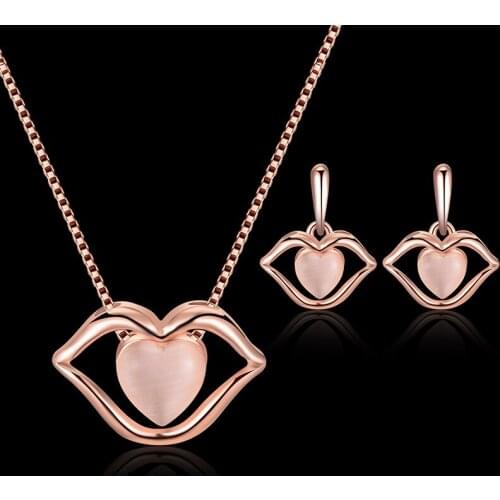 Classic Lip Ear Stud Necklace Set Wedding Party Pendant Necklace Earring Jewelry Set