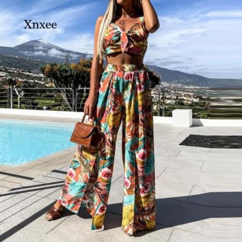 Summer Womens Print Sexy Two-Piece Sleeveless Sling Fashion Vest Halter Top Set Slit Wide Leg Pants Set